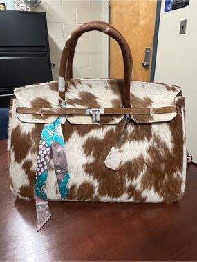 Brown and White Cowhide Tote with Turquoise Scarf Accent